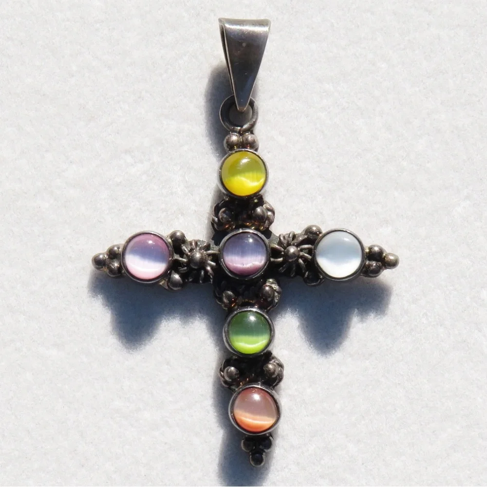 Sterling Silver Multi Color Cat’s Eye Cross Pendant 2.25” X 1.5” ATI Mexico 925